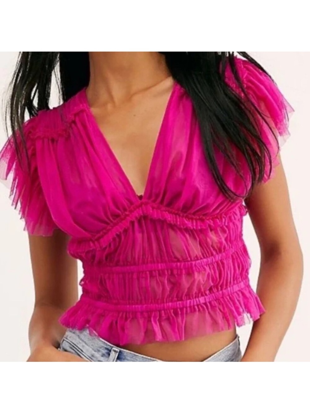 Free People Making Me Smile Ruched Mesh Top Pink Flutter Sleeve Sz S